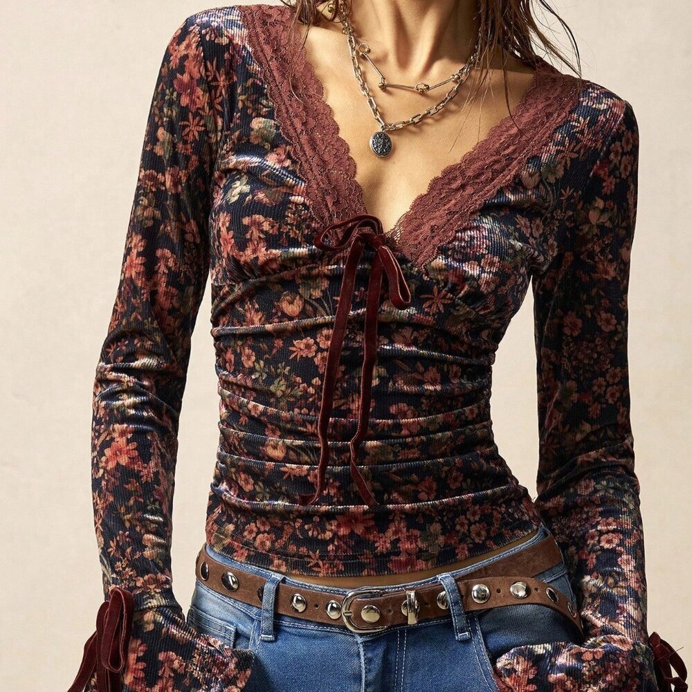 Blue Casual Women's Vacation V-Neck Long Sleeve Knit Top
